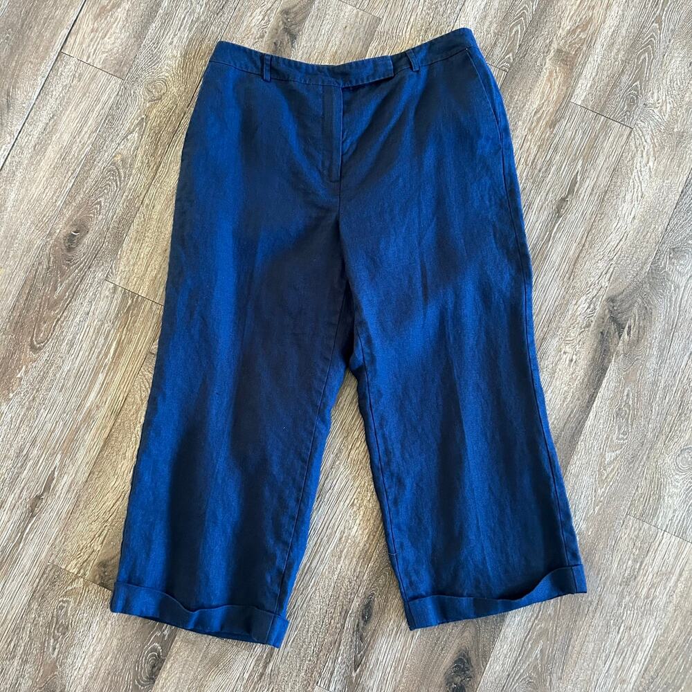 Talbots women’s linen navy blue cropped pants size 12 petite Boho, timeless